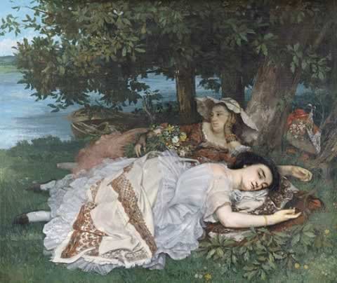 Formerly known as "relaxing," now known as a "complementary health approach." Gustav Courbet, "Young ladies on the banks of the Seine," 1857.