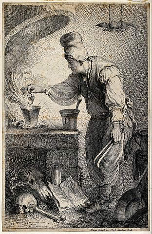 A witch placing a scorpion into a pot